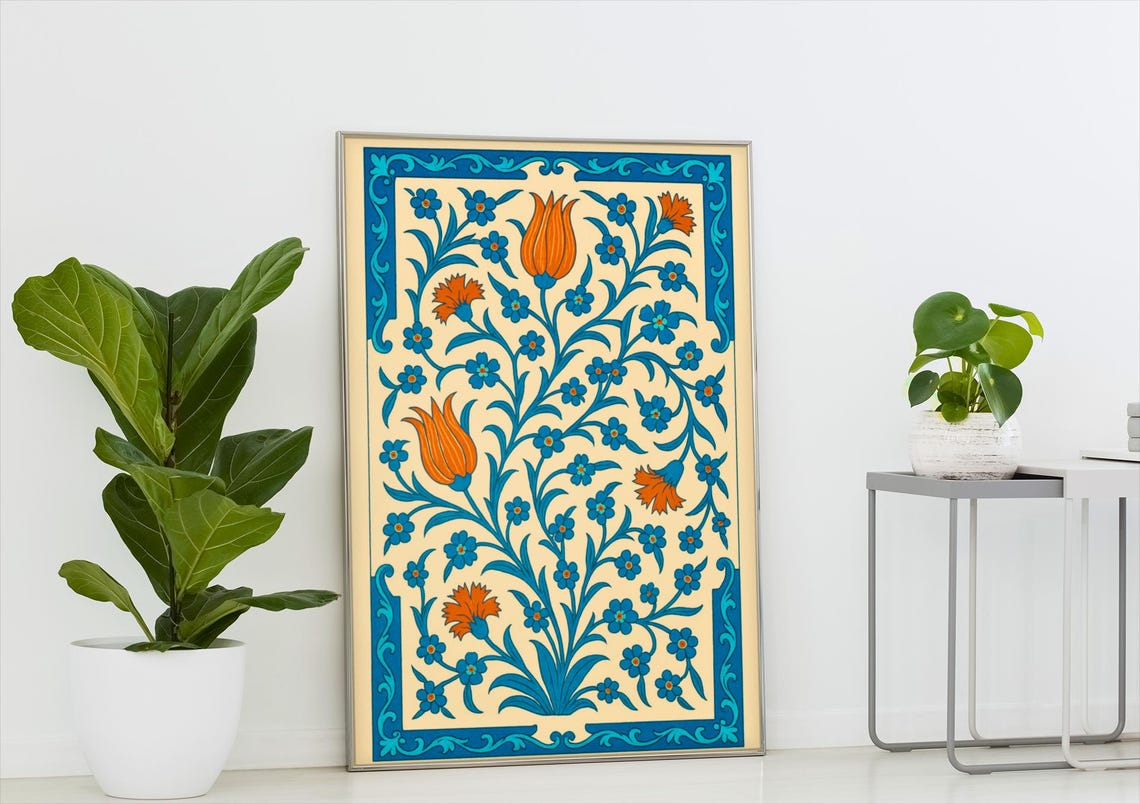 Iznik Ottoman Tile Panel Orange Tulip Floral Pattern Art Poster