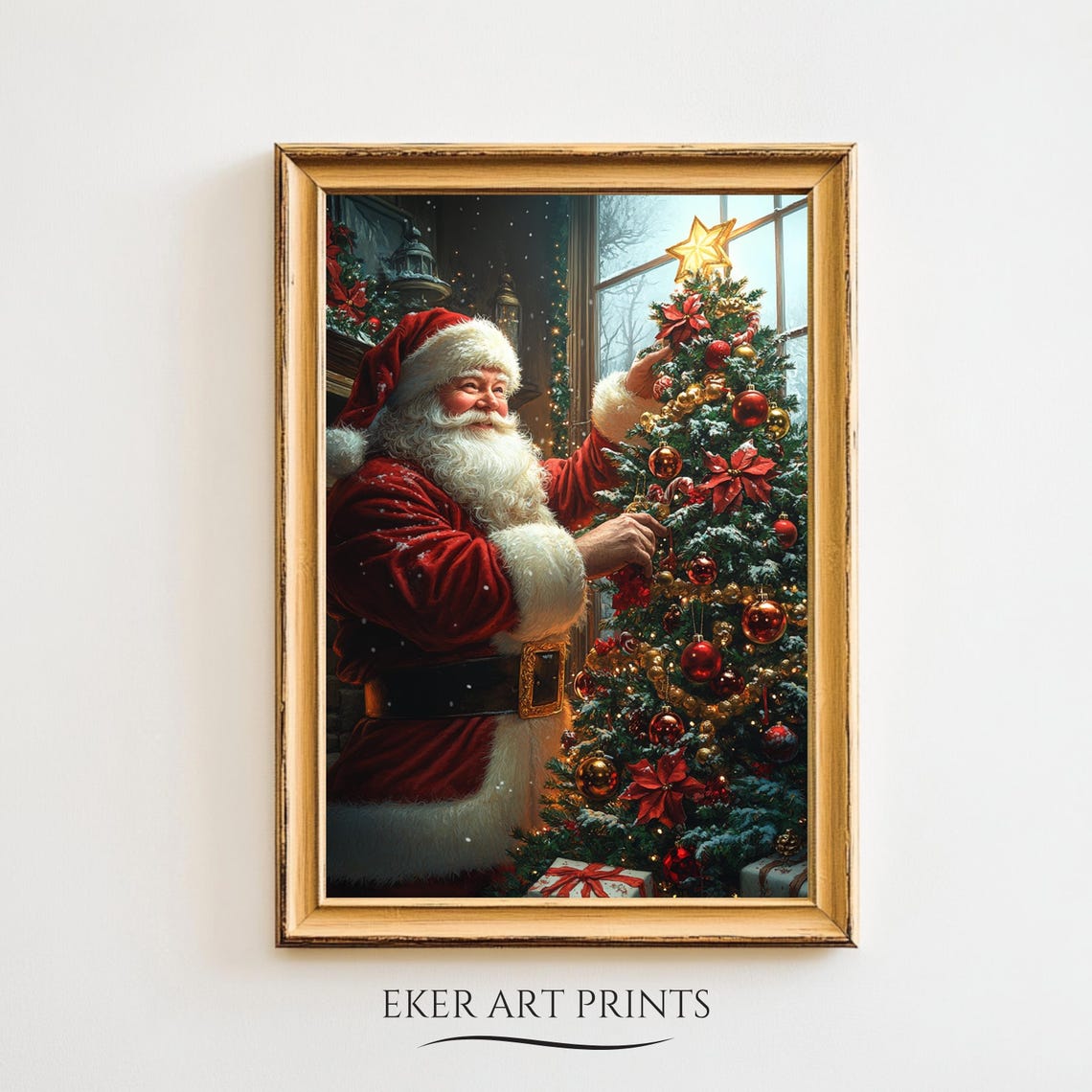 Santa Decorating Christmas Tree Ornaments Cozy Window Art Print