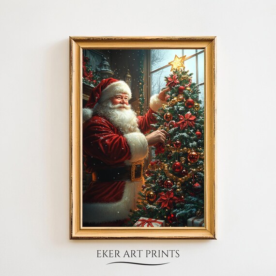 Santa Decorating Christmas Tree Print Christmas Wall Art Santa Claus Wall Art Christmas Prints Ornament Decor Moody Print