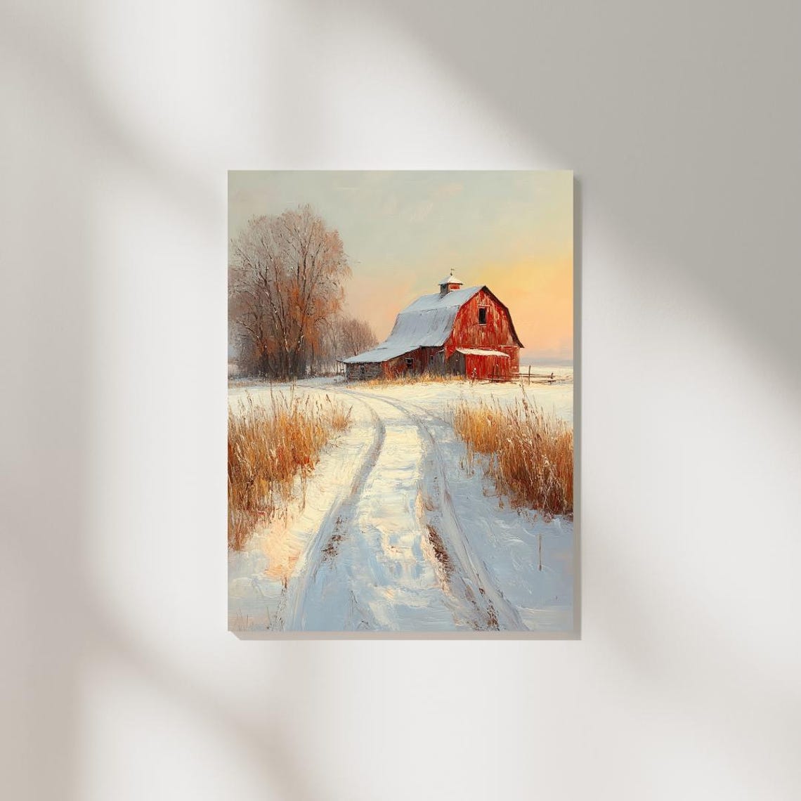 Red Barn Snowy Winter Sunset Landscape Rustic Farmhouse Art Print - Image 2