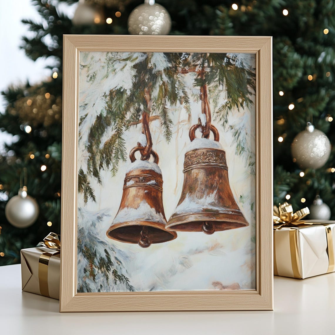 Antique Brass Jingle Bells Snowy Pine Branches Christmas Wall Print - Image 2