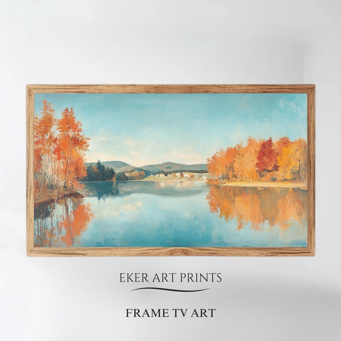 Autumn Lake Mirror Reflection Orange Trees Mountain View Art Print