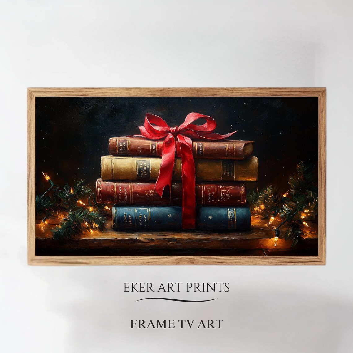 Antique Books Red Ribbon Christmas Garland Cozy Book Lover Art Print
