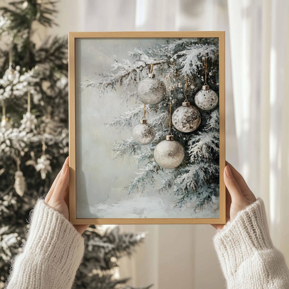 Silver White Christmas Ornaments Frosted Fir Branch Elegant Art Print - Image 3