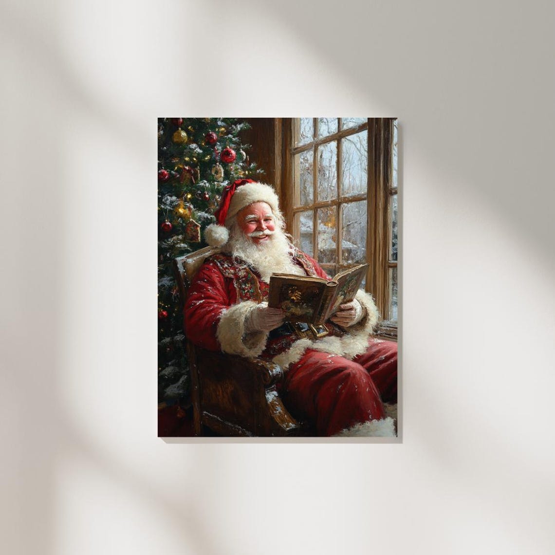 Santa Claus Reading Book By Window Christmas Tree Vintage Art Print - Image 2