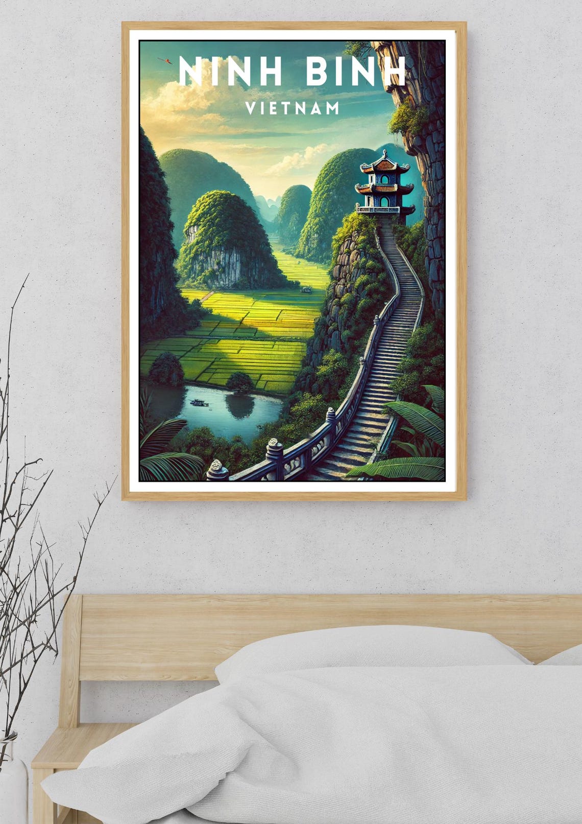 Ninh Binh Vietnam Karst Peaks Rice Paddies Pagoda Vintage Poster - Image 5