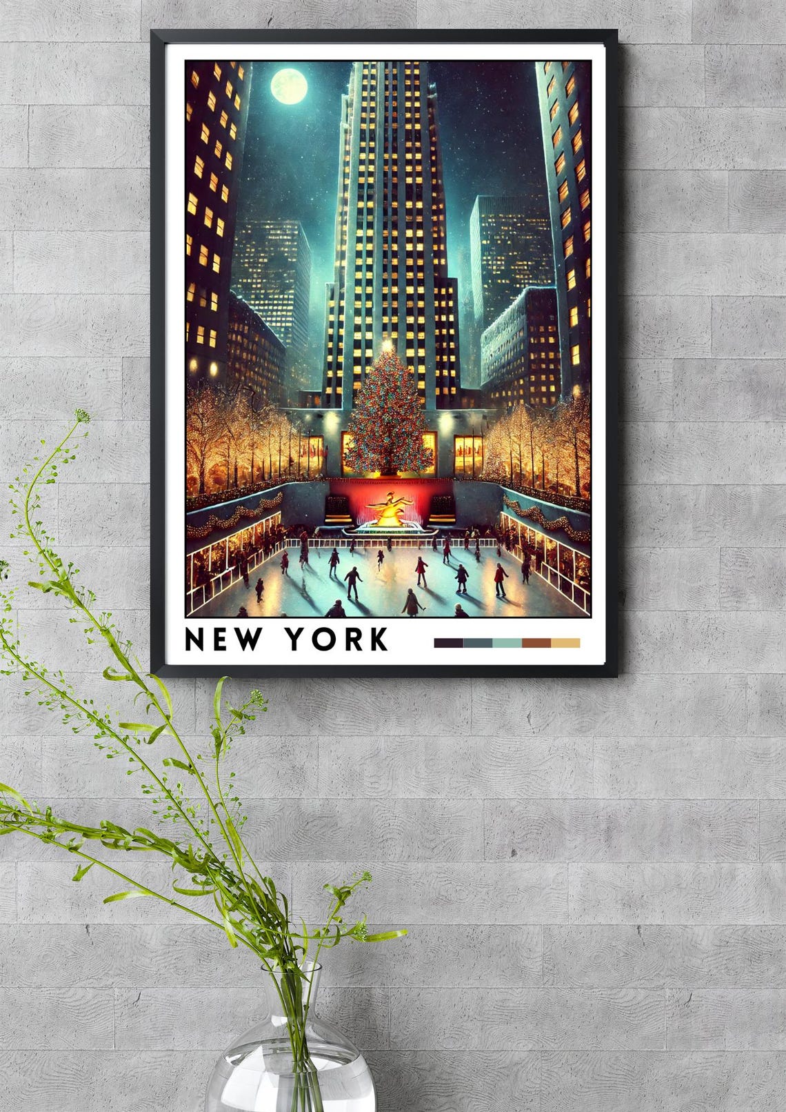New York Rockefeller Center Christmas Tree Ice Rink Night Poster - Image 3