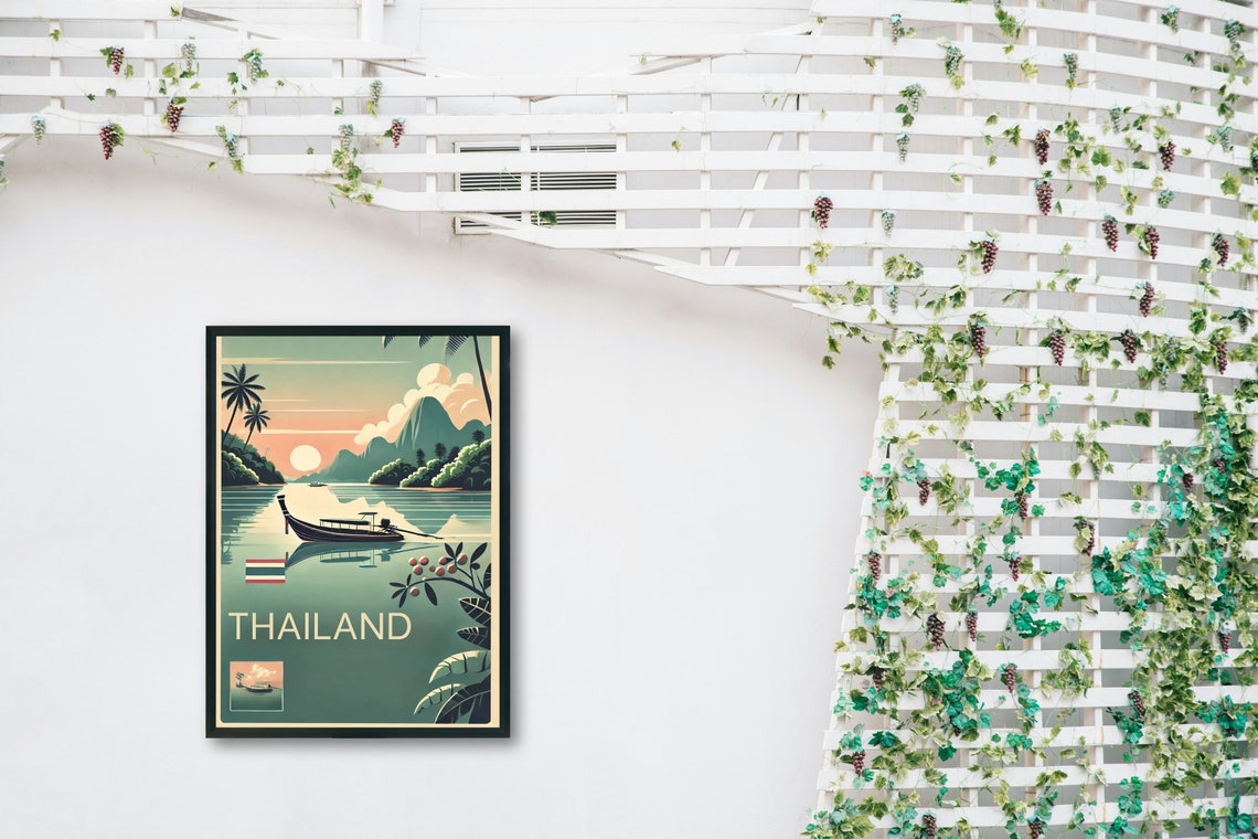 Thailand Longtail Boat Karst Cliff Sunset Vintage Retro Travel Poster - Image 4