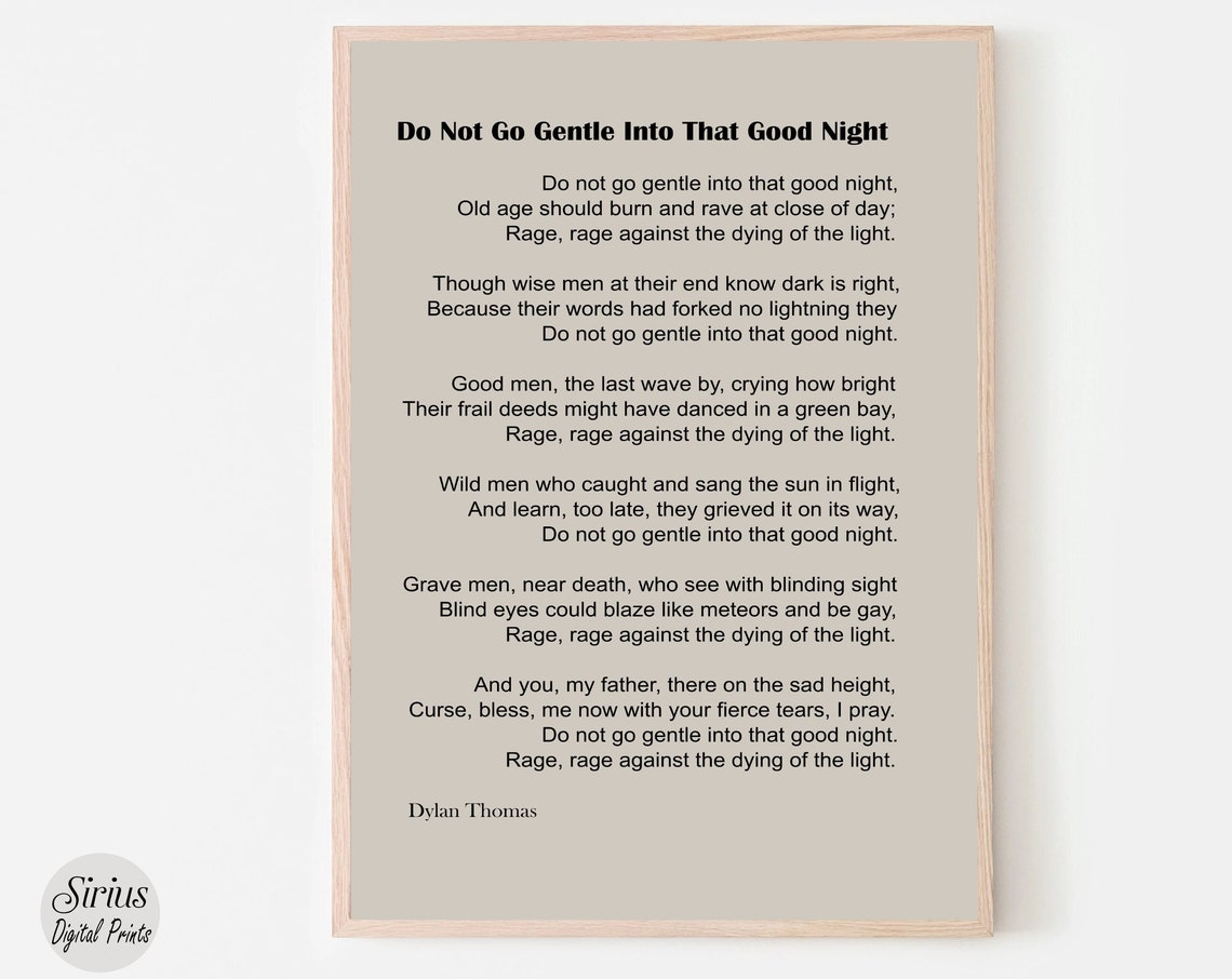 Dylan Thomas Do Not Go Gentle Classic Poem Typography Wall Art