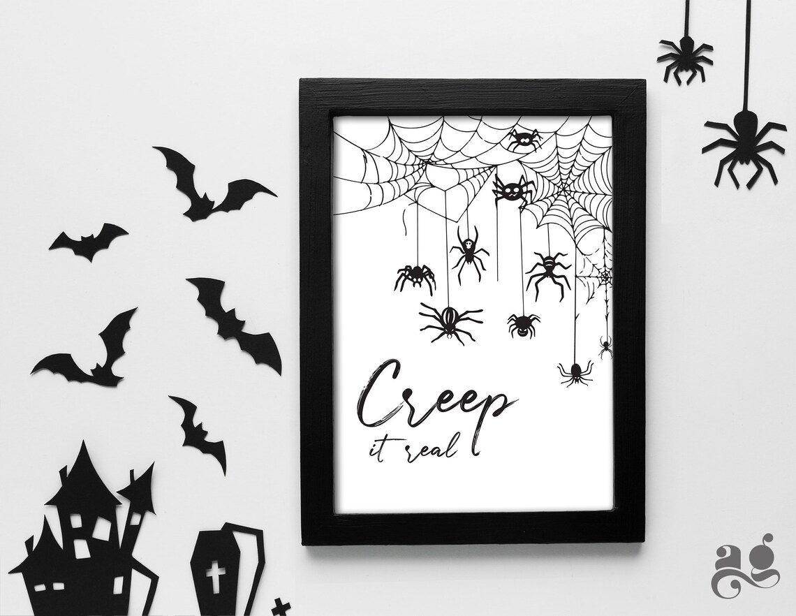 Creep It Real Halloween Spider Poster, Spooky Black and White Party Decor - Image 3