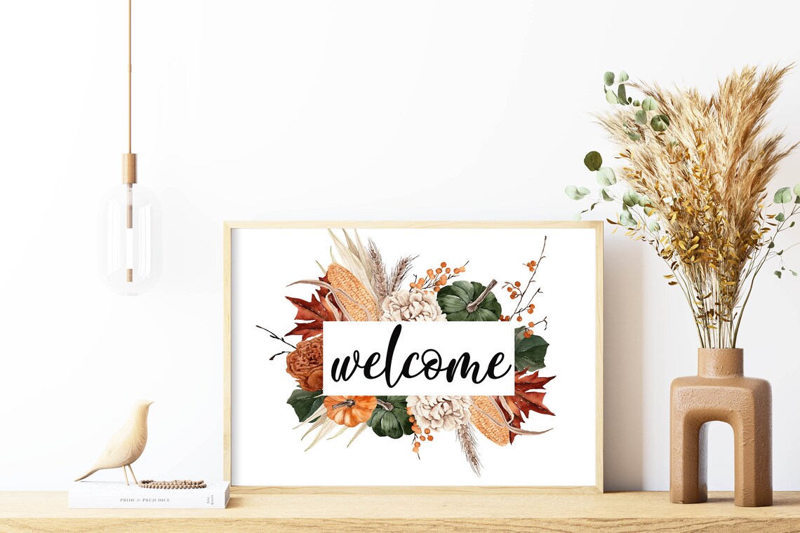 Welcome Harvest Corn Leaf Autumn Wood Sign Watercolor Poster - Image 3