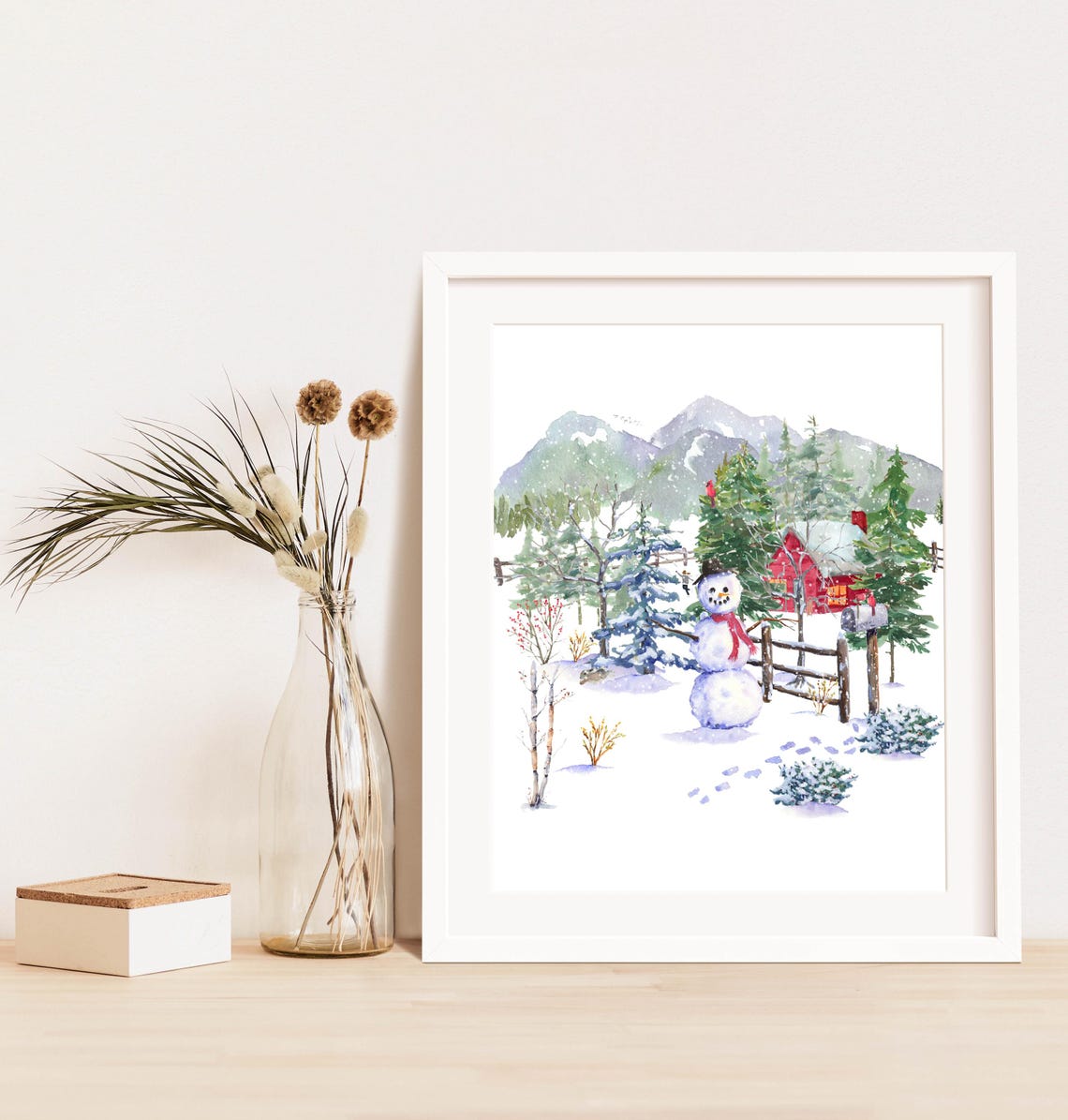 Winter Woodland Snowman Mountain Cabin Cardinal Watercolor Poster - Image 9