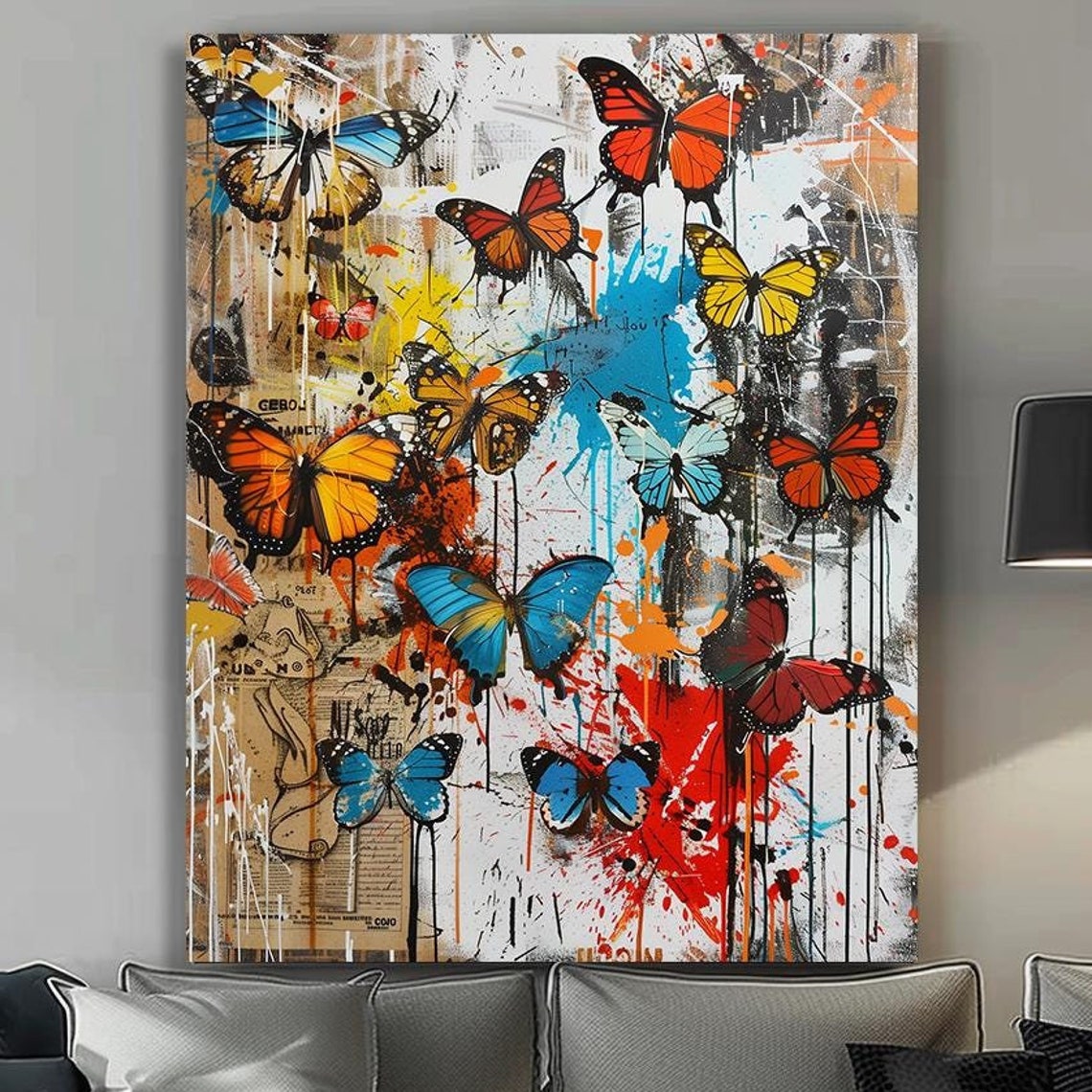 Butterfly Graffiti Print Colorful Urban Wall Art Street Style Butterfly Decor Vibrant Abstract Graffiti Art Framed Modern Art