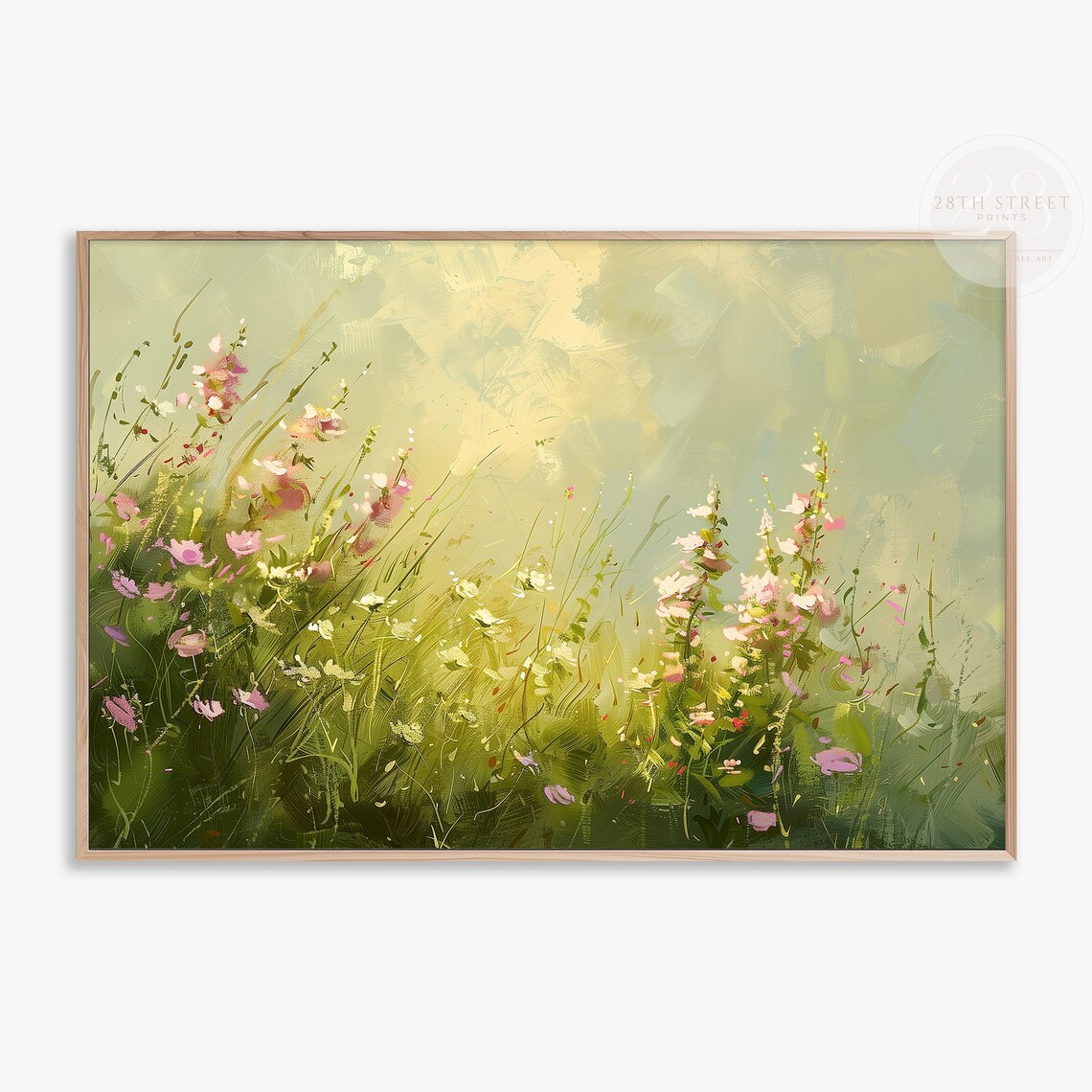 Sunlit Pink Wildflower Meadow Golden Light Hazy Sky Spring Painting Art Print