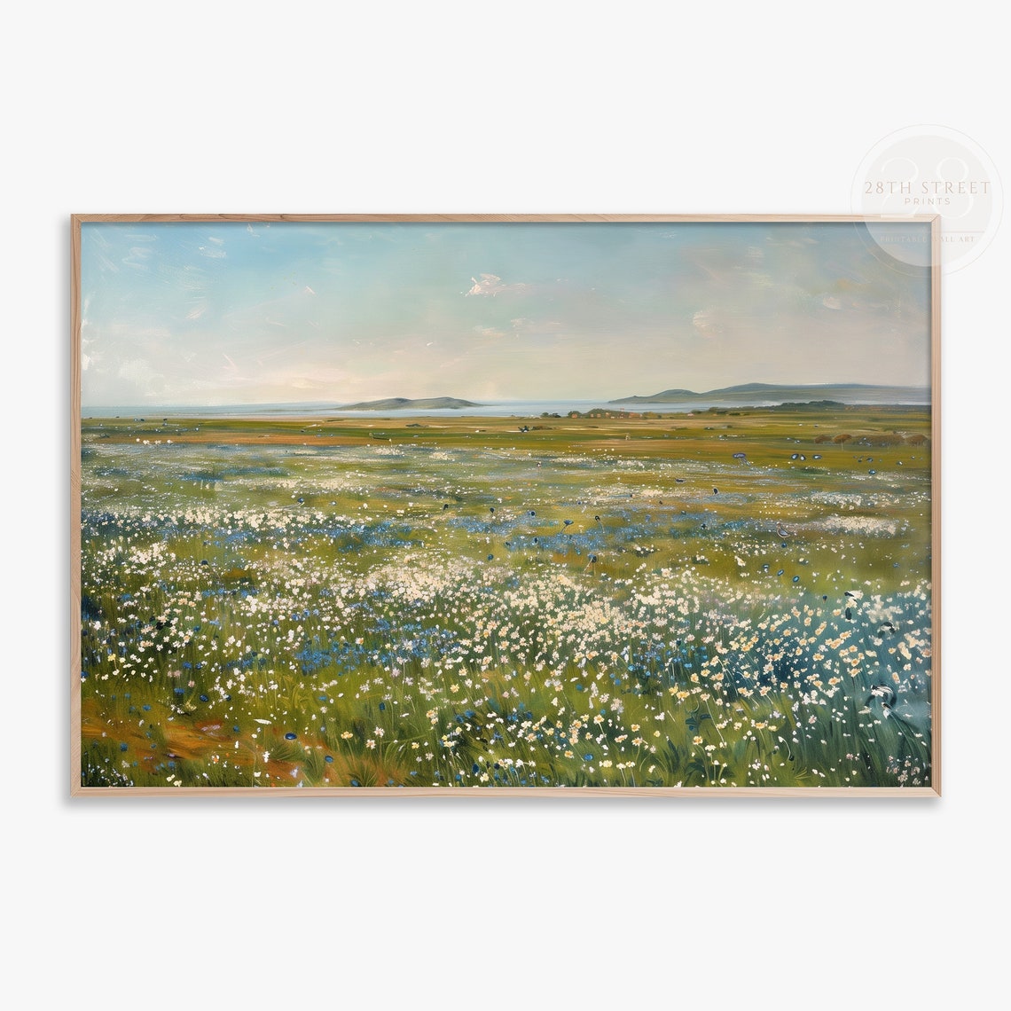 Summer Lakeside Wildflower Meadow White Blue Blooms Lake View Poster