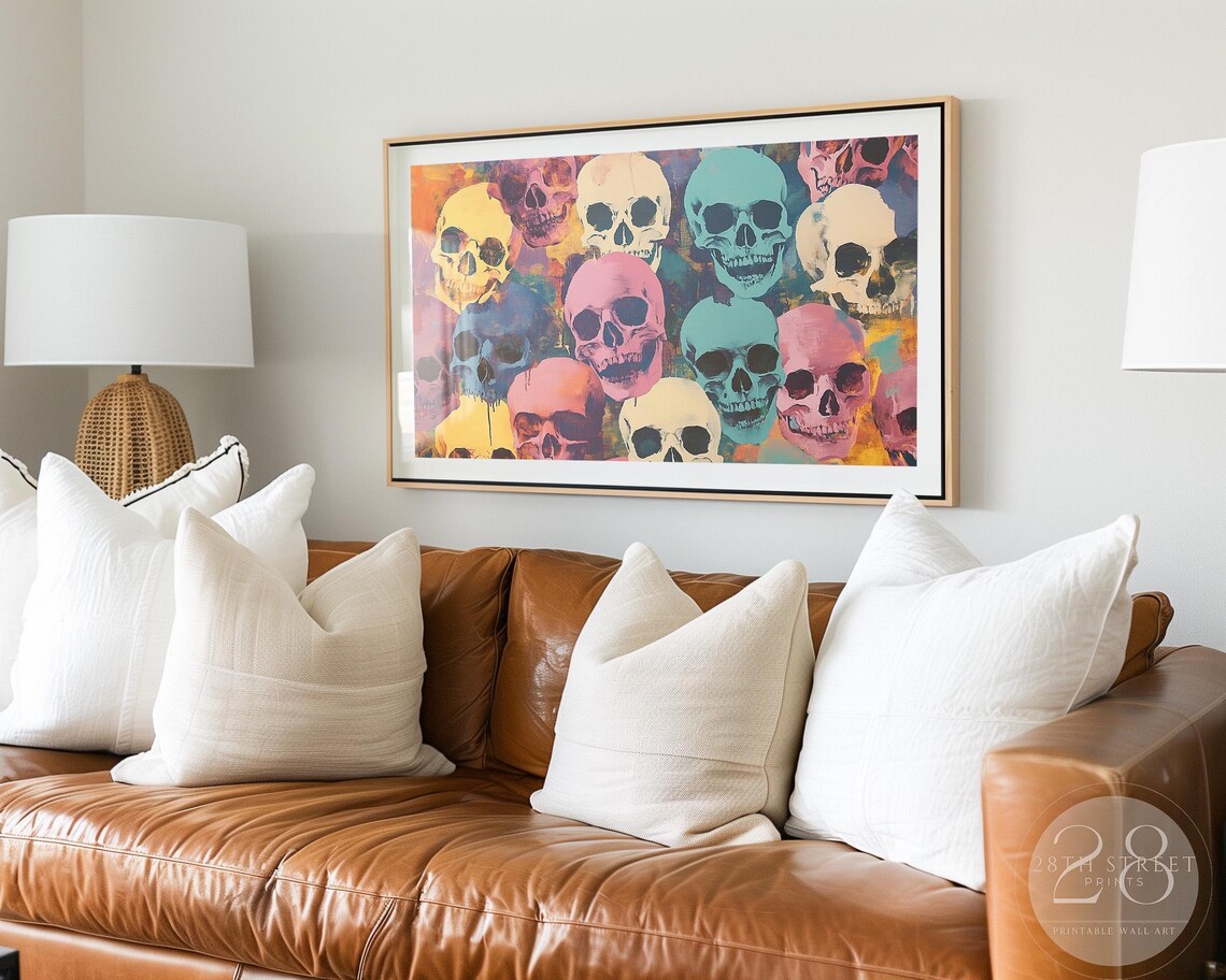 Colorful Pop Art Skulls Pink Teal Yellow Spooky Halloween Painting Poster - Image 2