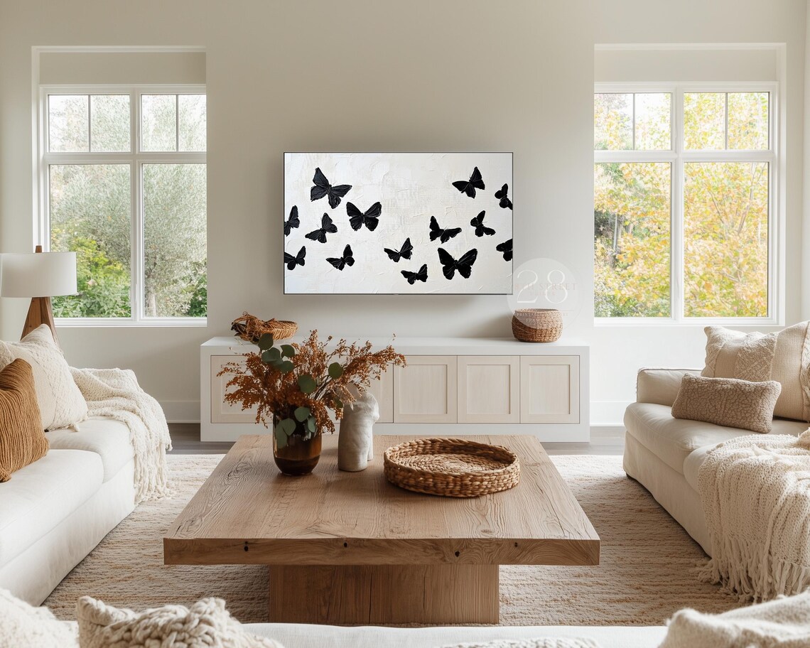 Black Butterflies White Textured Canvas 3D Painted Insect Art Poster - Image 2