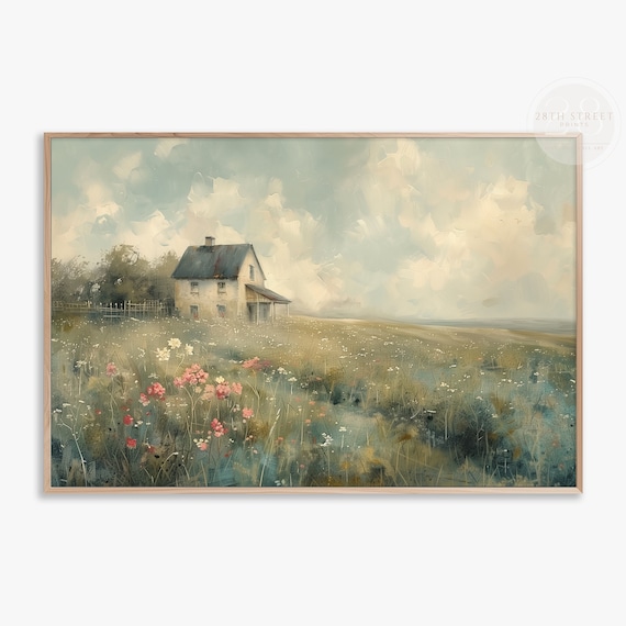 French Country Farmhouse Wildflower Field Cloudy Sky Vintage Landscape Art Print