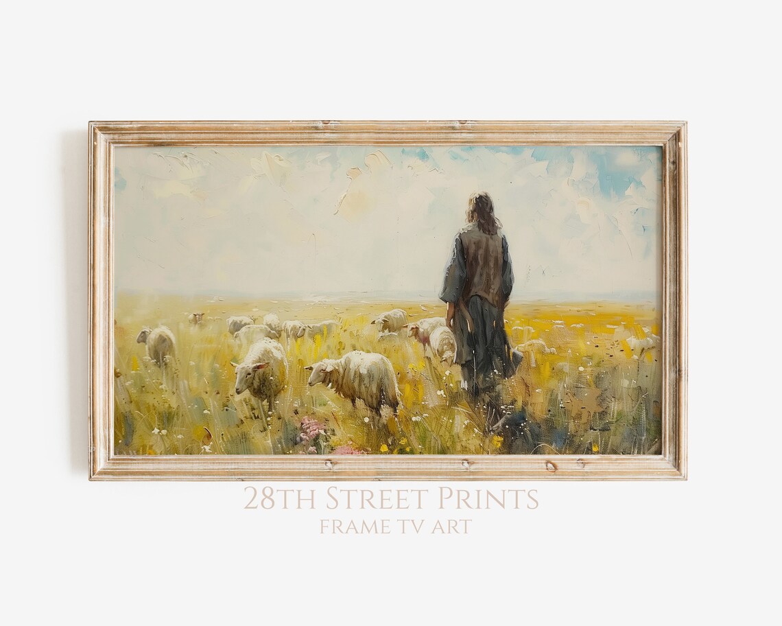 Jesus Good Shepherd Walking In Golden Meadow With Sheep Painting Art Print