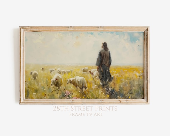 Jesus Good Shepherd Walking In Golden Meadow With Sheep Painting Art Print