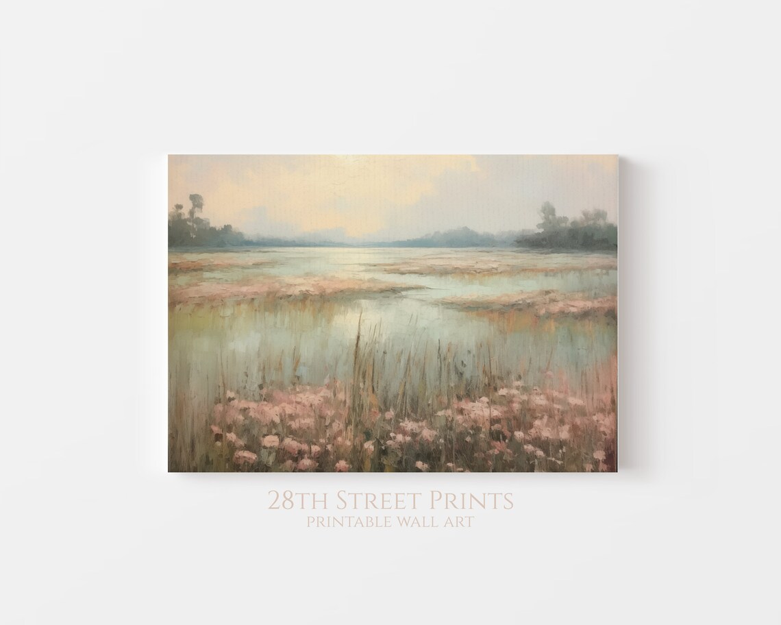 Pink Wildflowers Wetland Marsh Soft Pastel Spring Landscape Painting Poster - Image 2