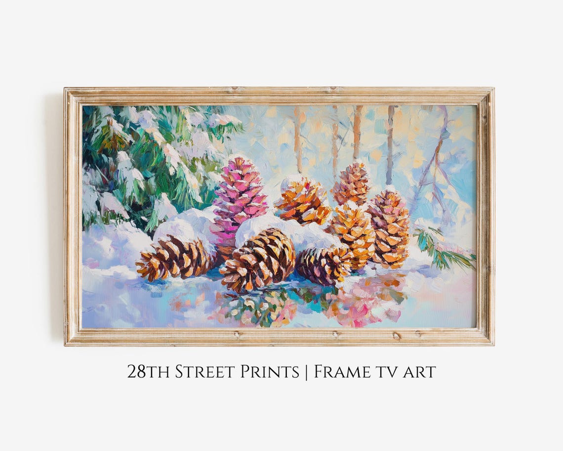 Colorful Pine Cones Snow Pastel Winter Still Life Painting Poster