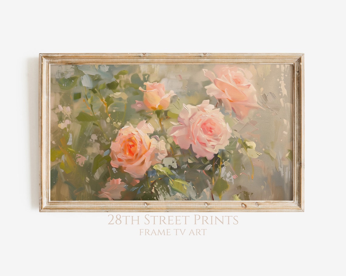 Blush Pink Garden Roses Impressionist Cottagecore Floral Wall Art