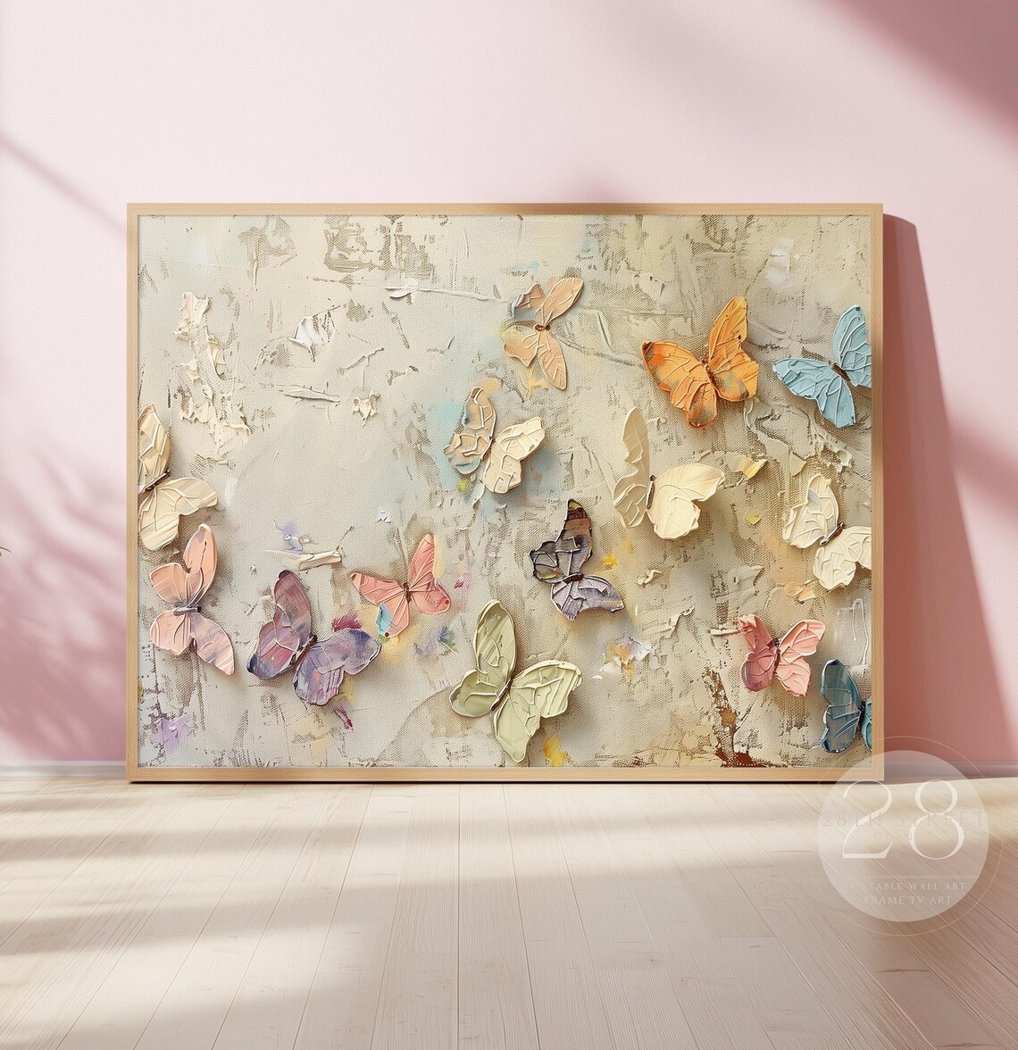 Pastel 3D Butterfly Textured Oil Painting Nursery Girls Room Print - Image 2