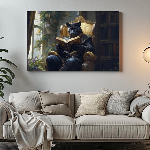 Reading Panther Maximalist Eclectic Victorian Print Bold Altered Animal Portrait Fantasy Fun Colorful Renaissance Rustic Art