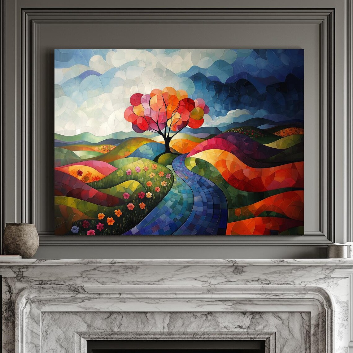 Colorful Geometric Mosaic Tree Over Rolling Hills And Blue River Wall Art