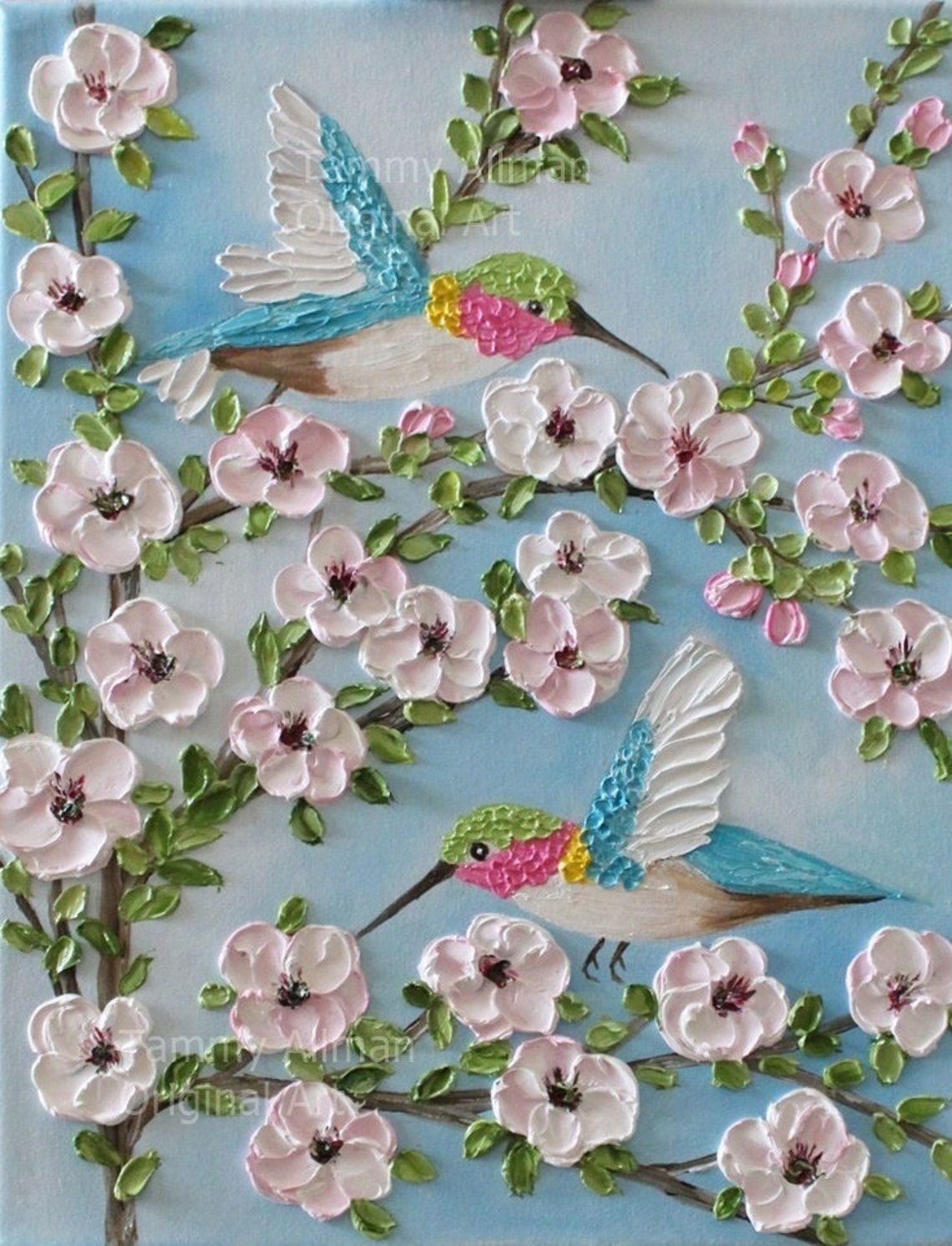 Two Hummingbirds Among Pink Blossoms Impasto Bird Art Poster - Image 5