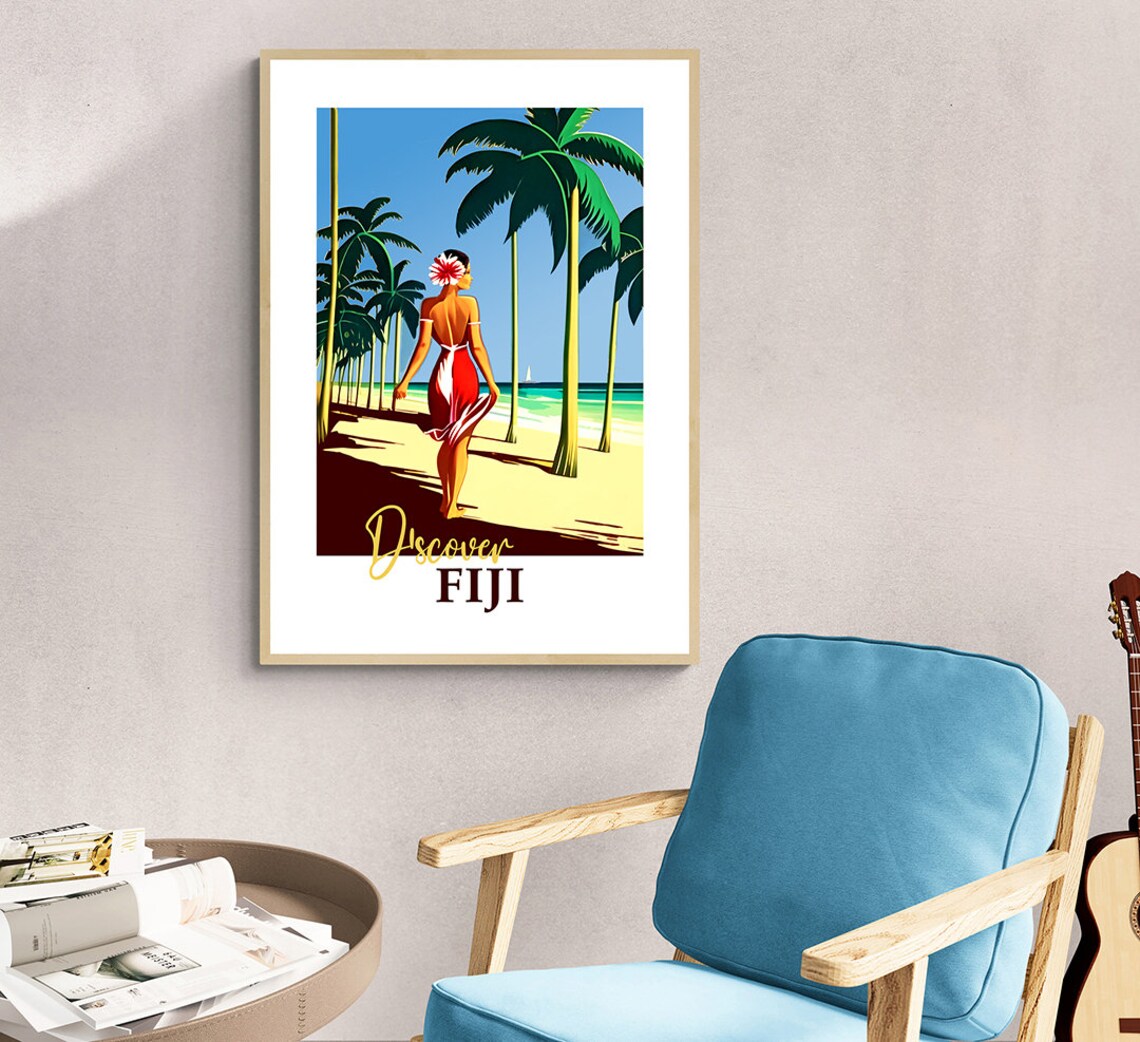 Discover Fiji Island Beach Palms Vintage Tropical Travel Poster Art - Image 3