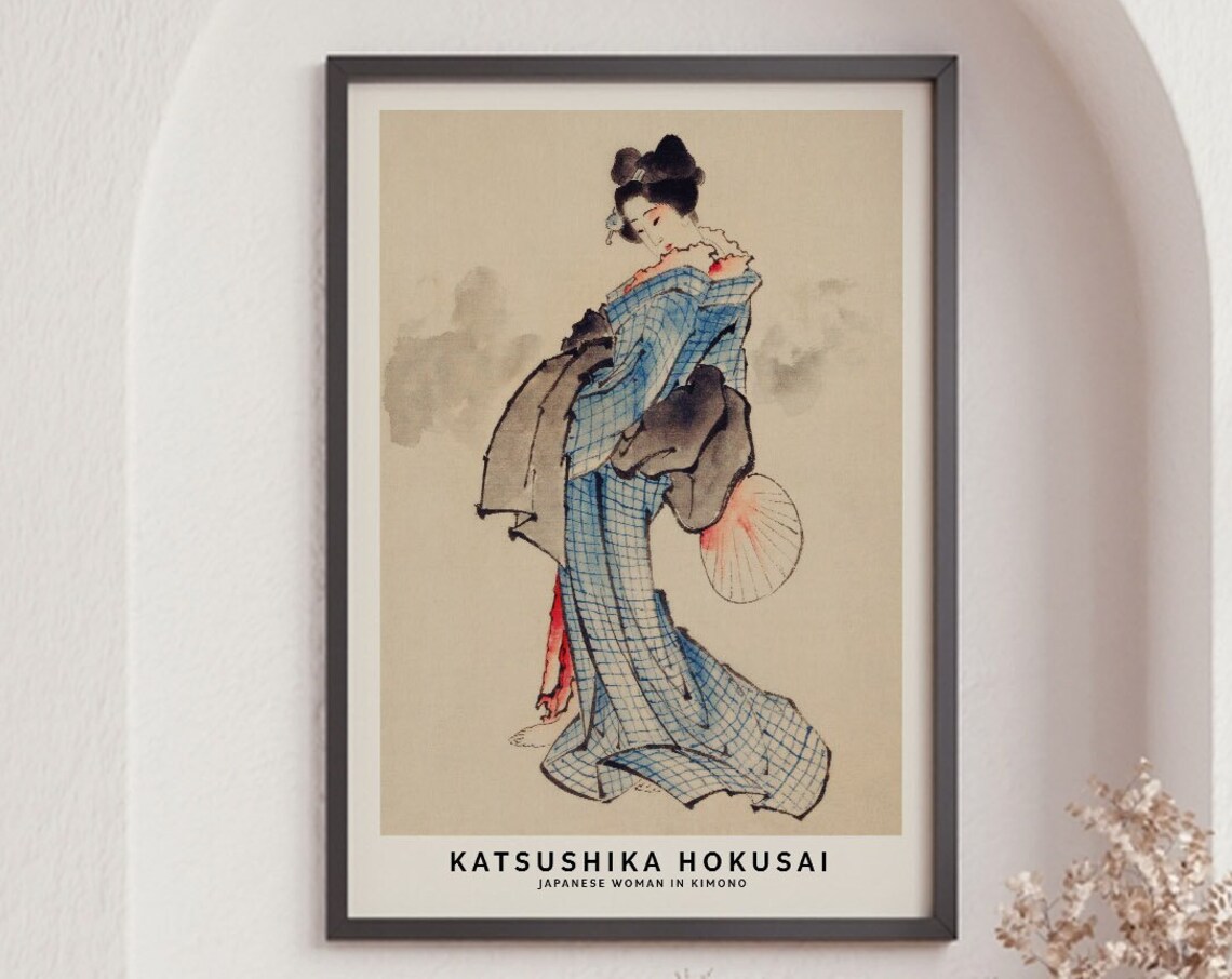 Katsushika Hokusai Woman in Blue Checkered Kimono Parasol Ukiyo E Art Poster