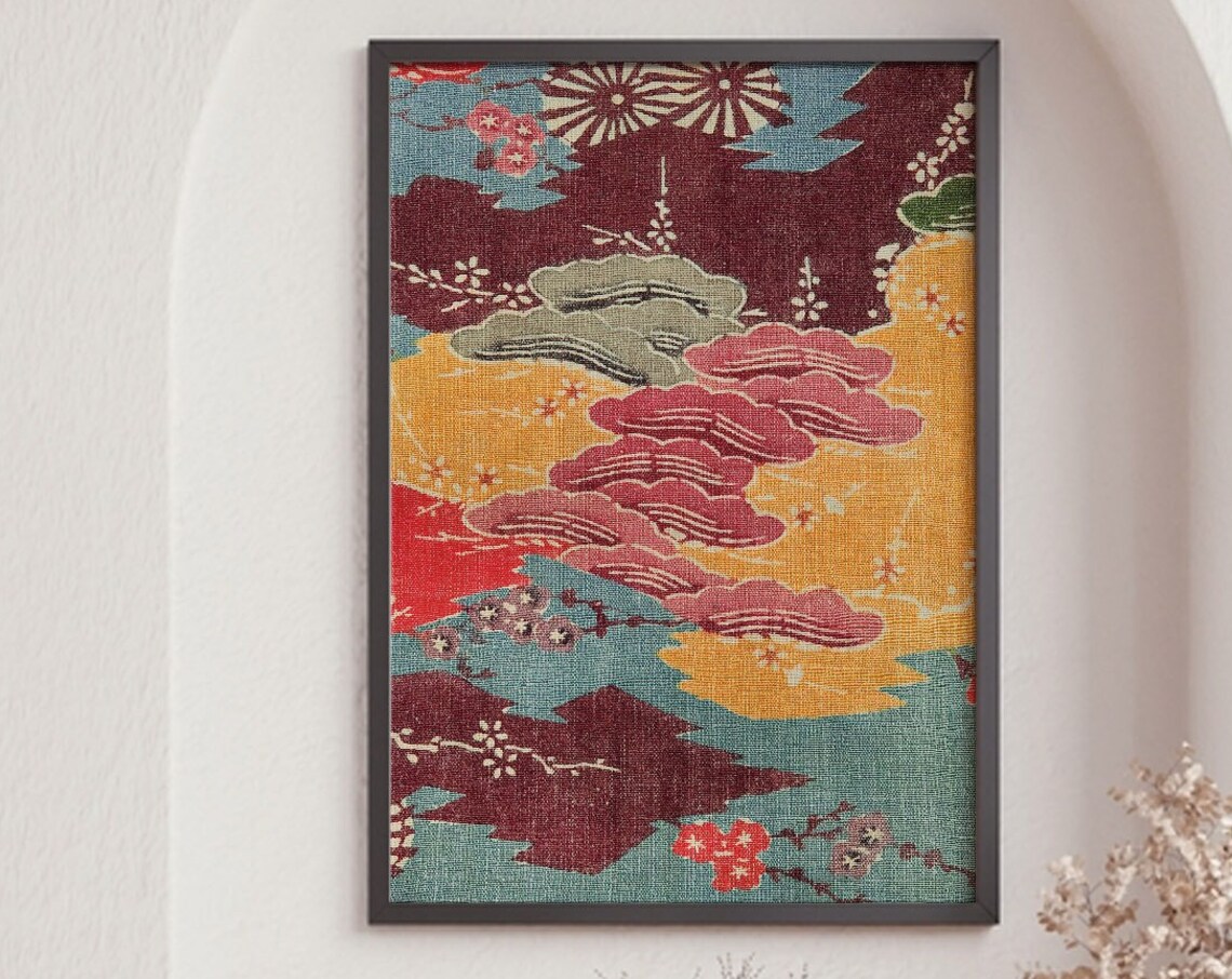 Vintage Plum and Chrysanthemum Pattern Art Print
