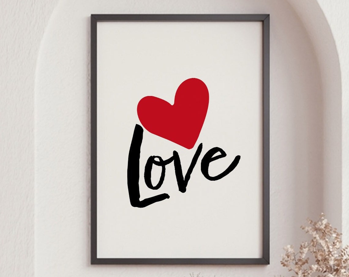 Love Script Red Heart Minimalist Typography Romantic Wall Art Poster