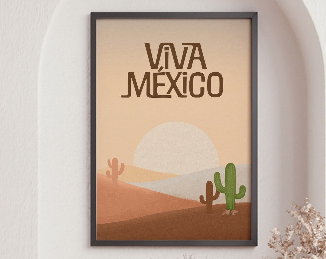 Viva Mexico Desert Cactus Sunset Modern Boho Travel Poster Wall Print