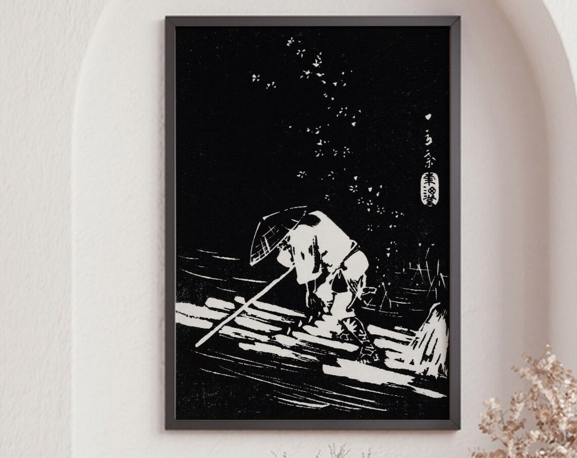 Man Rafting River Monochrome Japanese Woodcut Print Art Poster