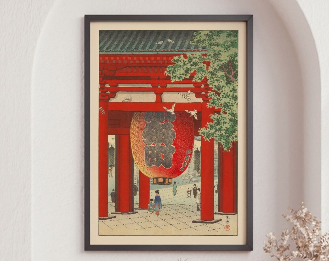 Tokyo Asakusa Kannon Nio Gate Red Lantern Woodblock Art Poster