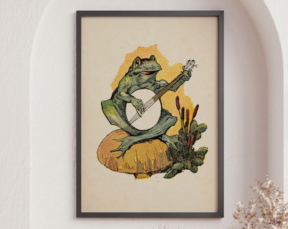 Frog Playing Violin In The Moonlight, Vintage Art Print