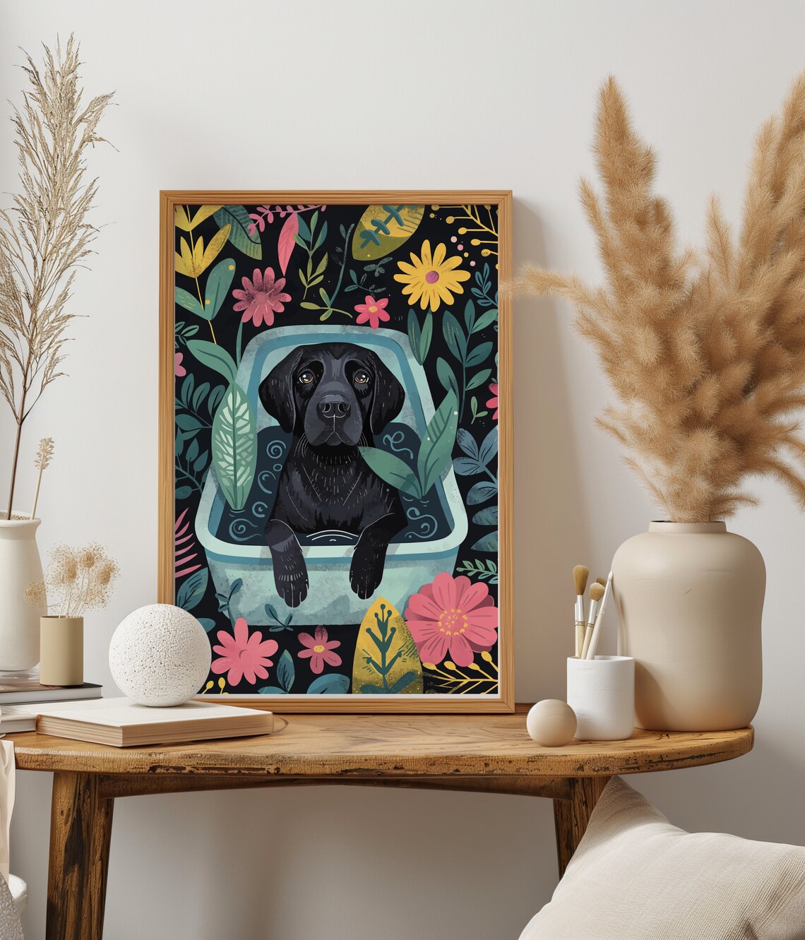 Black Labrador Art Print, Boho Jungle Bathtub - Image 2