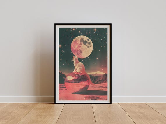 Trippy Cat Disco Ball Moon Poster Disco 70s Print Retro Space Cat Wall Art Cool Collage Mirrorball Dorm Room Art Trendy Cat Lover Gift