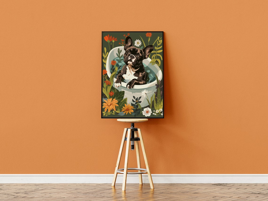 French Bulldog Wall Art Brindle Frenchie Owner Gift Boho Jungle Tropical Bathtub Print Maximalist Botanical Decor Funny Poster - Image 3