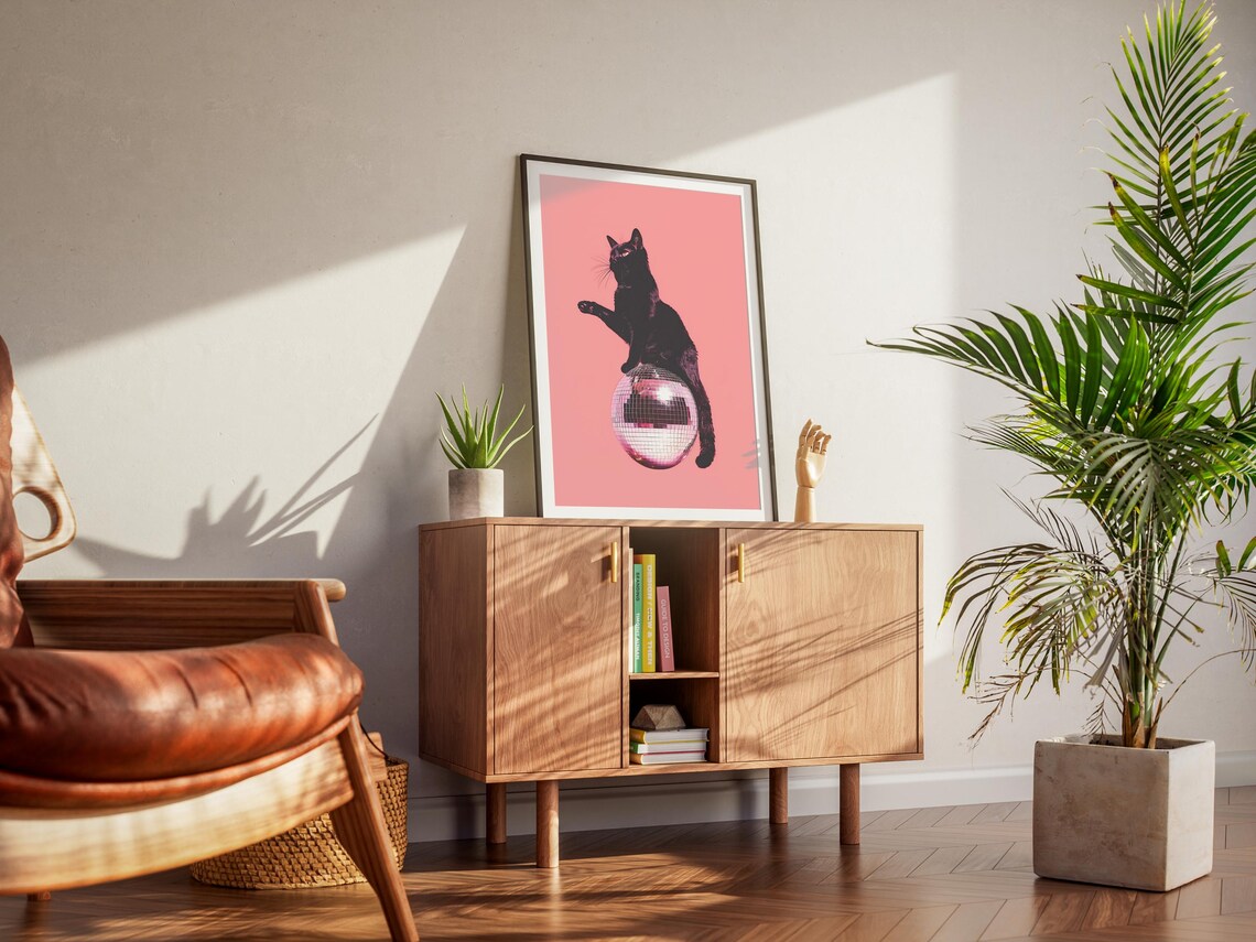 Black Cat Disco Ball 70s Retro Poster Print - Image 2