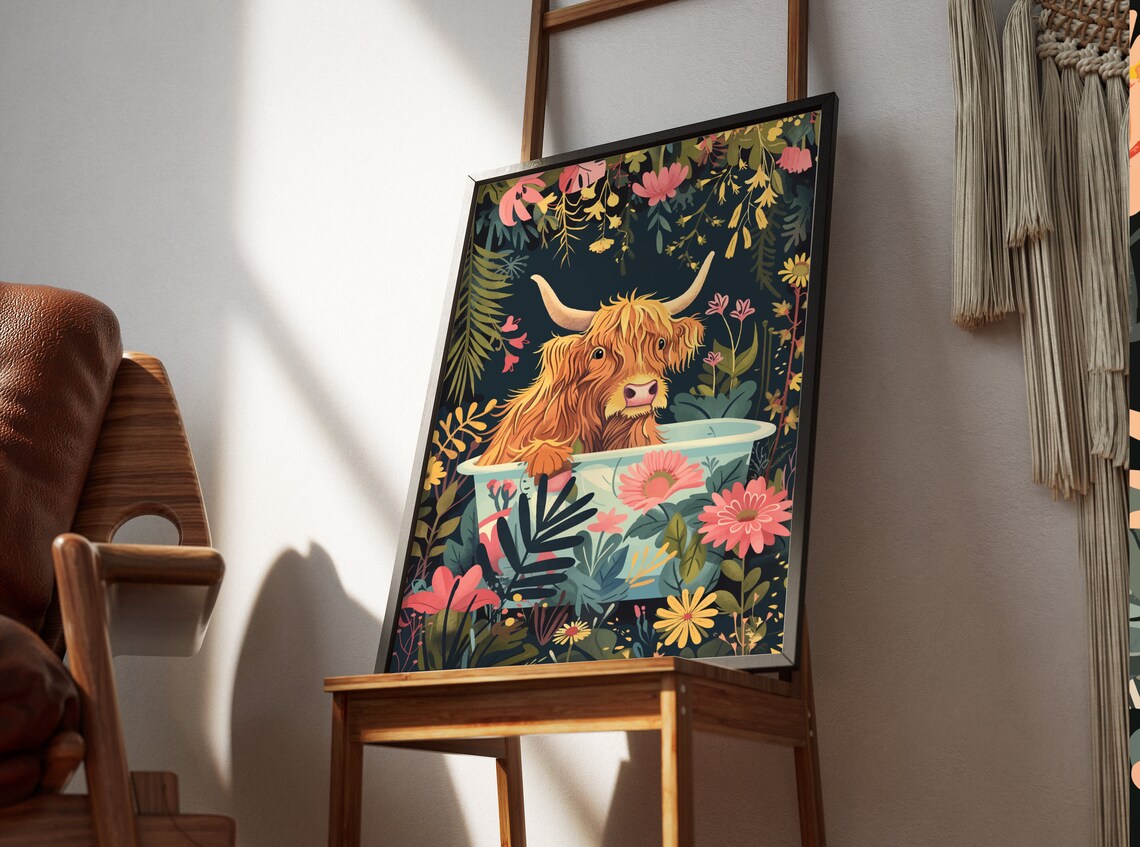 Highland Cow Art Print, Boho Jungle Bathroom Decor - Image 2