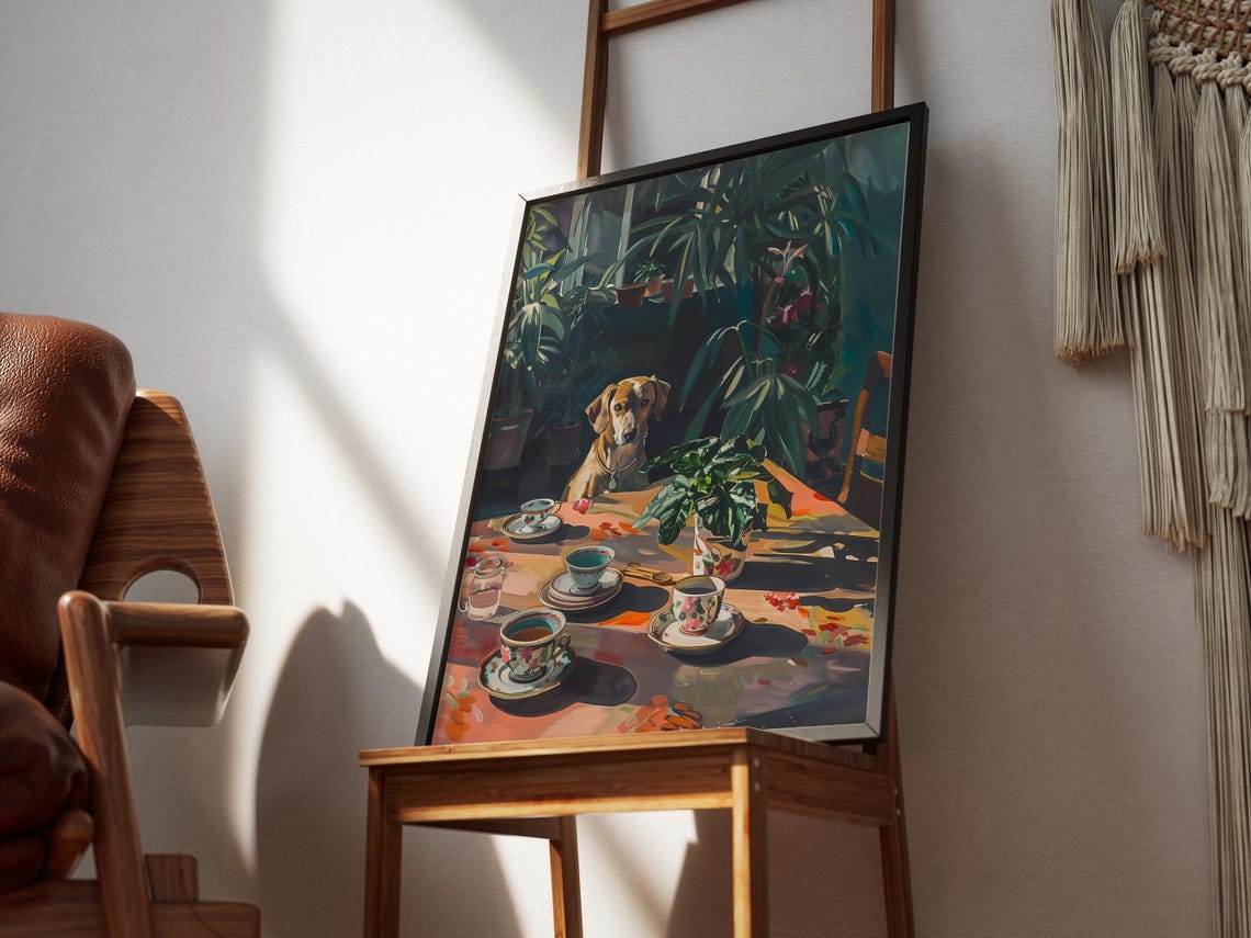 Brown Dog and Teacups Painterly Jungle Table Still Life Poster - Image 3