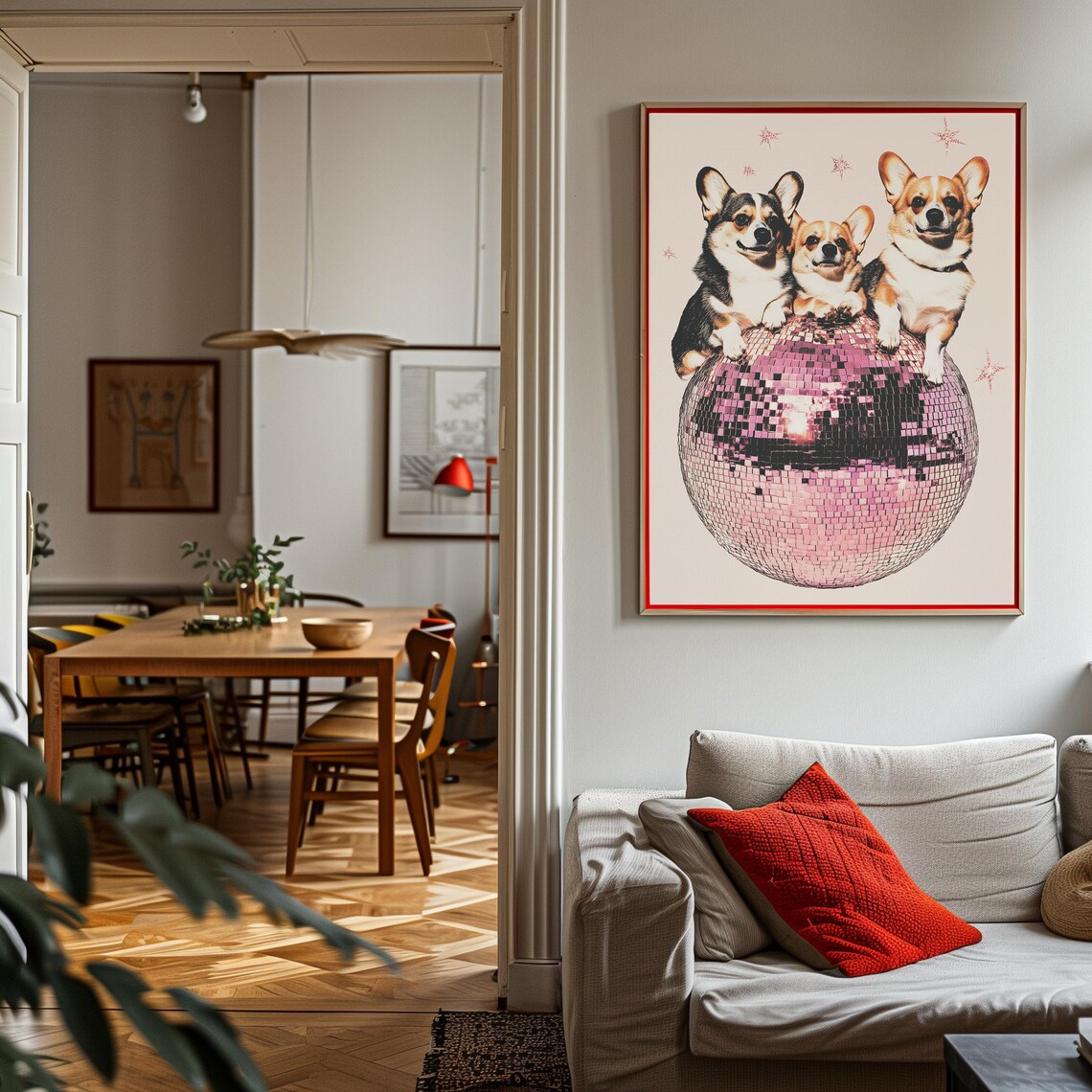 Retro Corgi Vintage Disco Ball Art Print - Image 3
