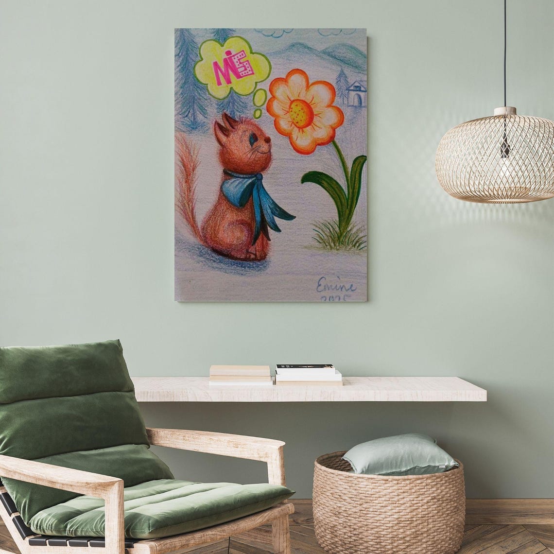 Cute Orange Kitten With Blue Scarf Flower Colored Pencil Poster - Image 2
