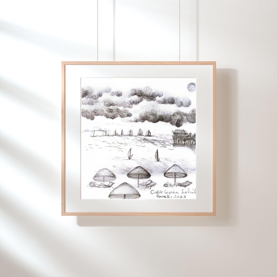 Caddebostan Beach Charcoal Sketch Moody Coastal Seaside Art Poster