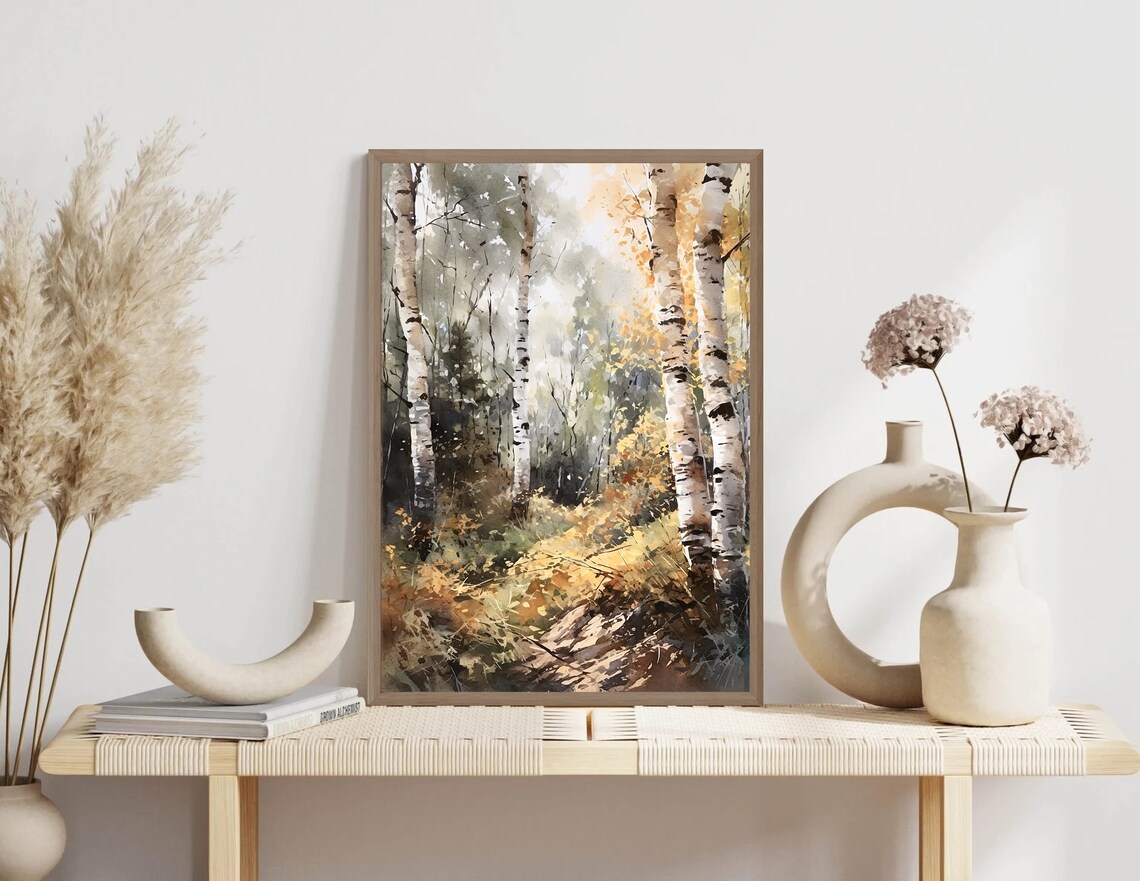 Autumn Birch Grove Golden Ferns Woodland Watercolor Painting Poster - Image 2