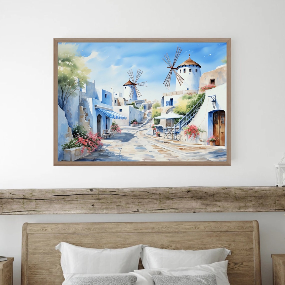 Santorini Greece Windmill Village Blue Dome Watercolor Poster - Image 4